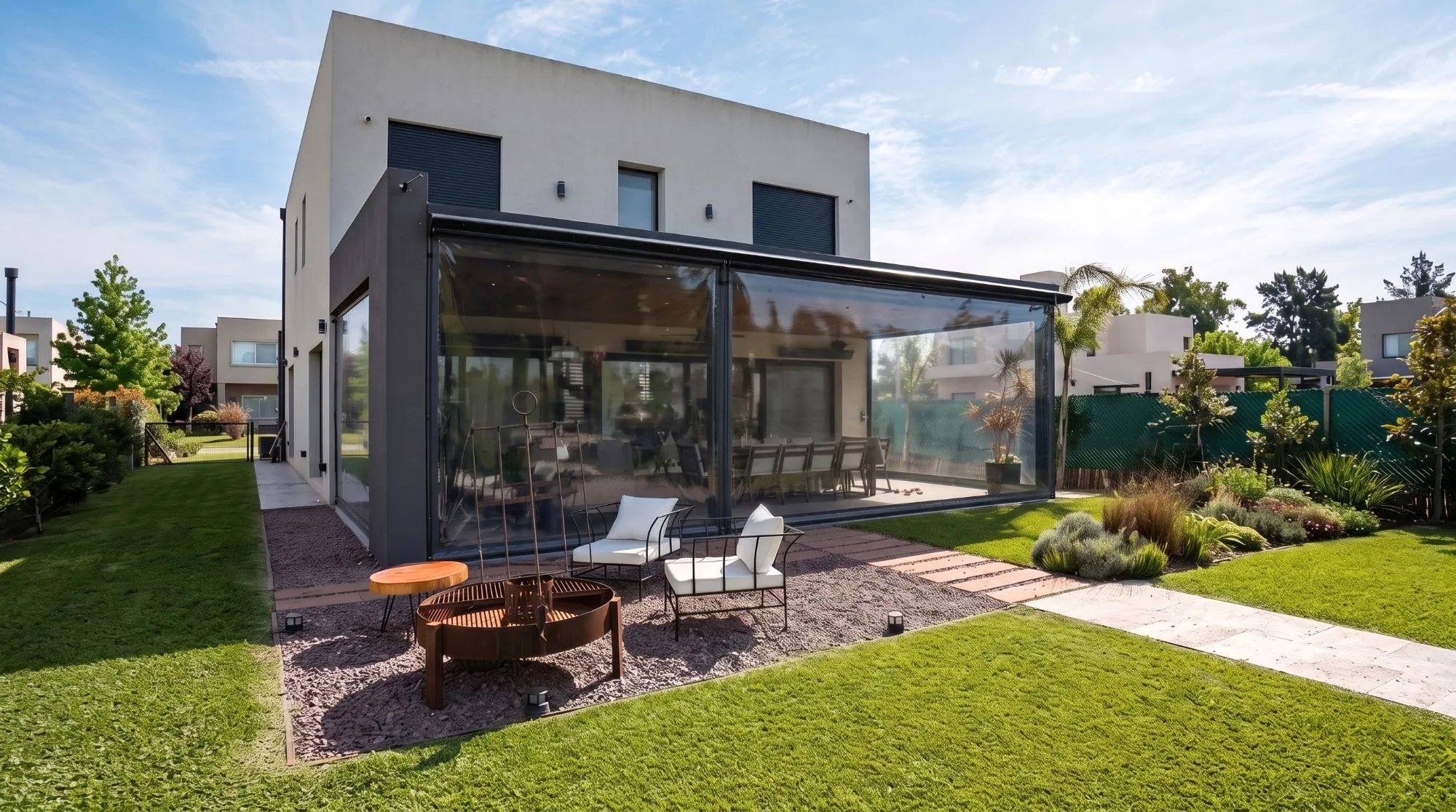 Cerramiento de PVC cristal en una galería con parrilla y jardín