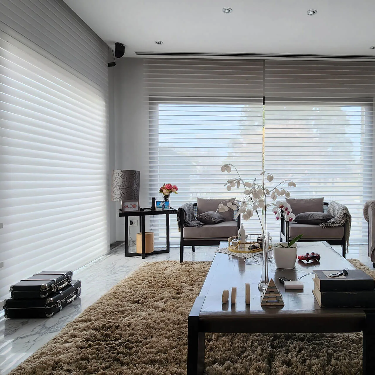 Cortinas Shangri-La en un living amplio