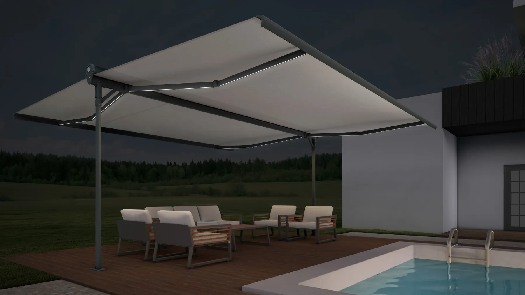 Toldo doble Duox con iluminación de noche