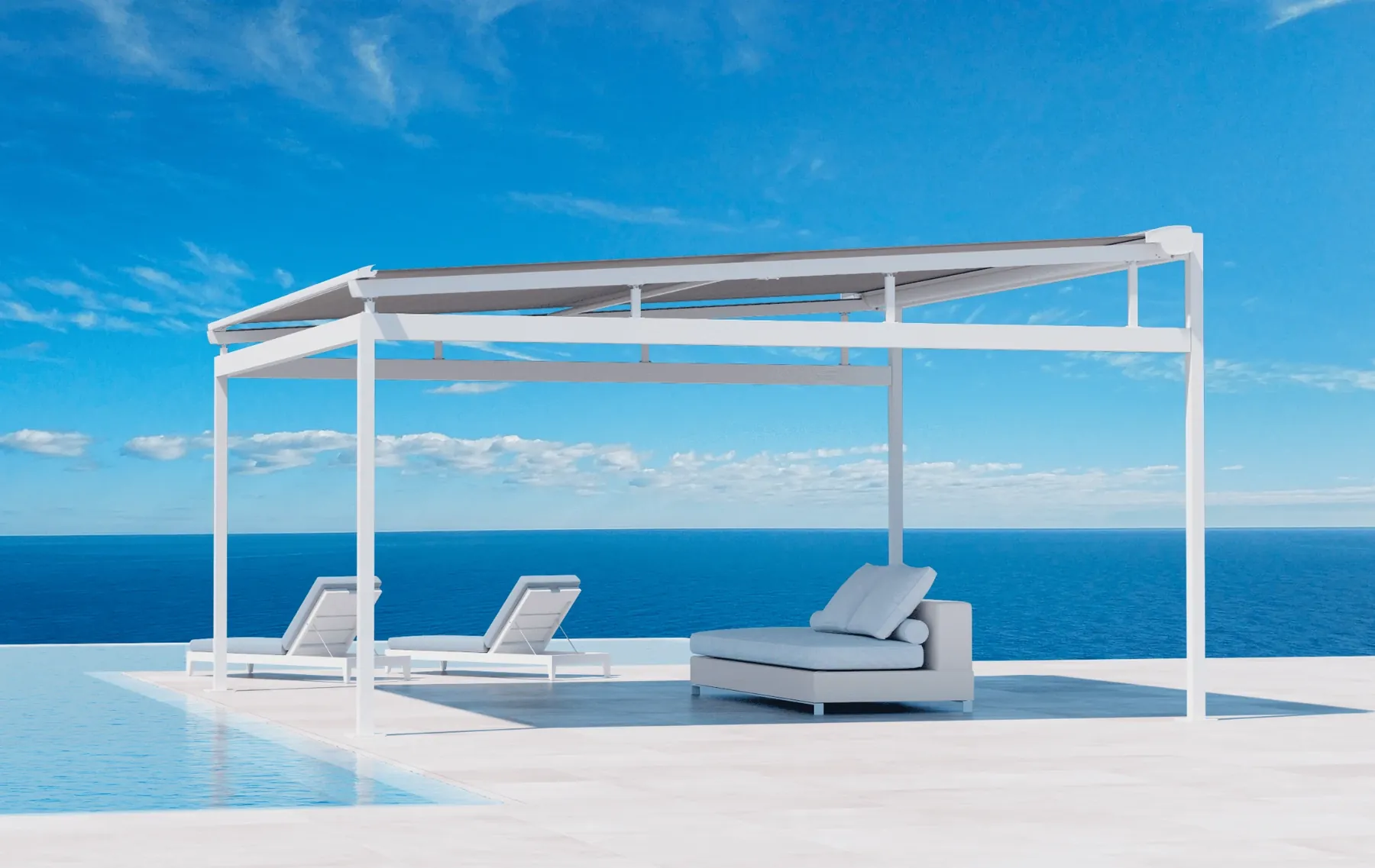 Toldo Verastor-Sky blanco sobre una terraza con pileta