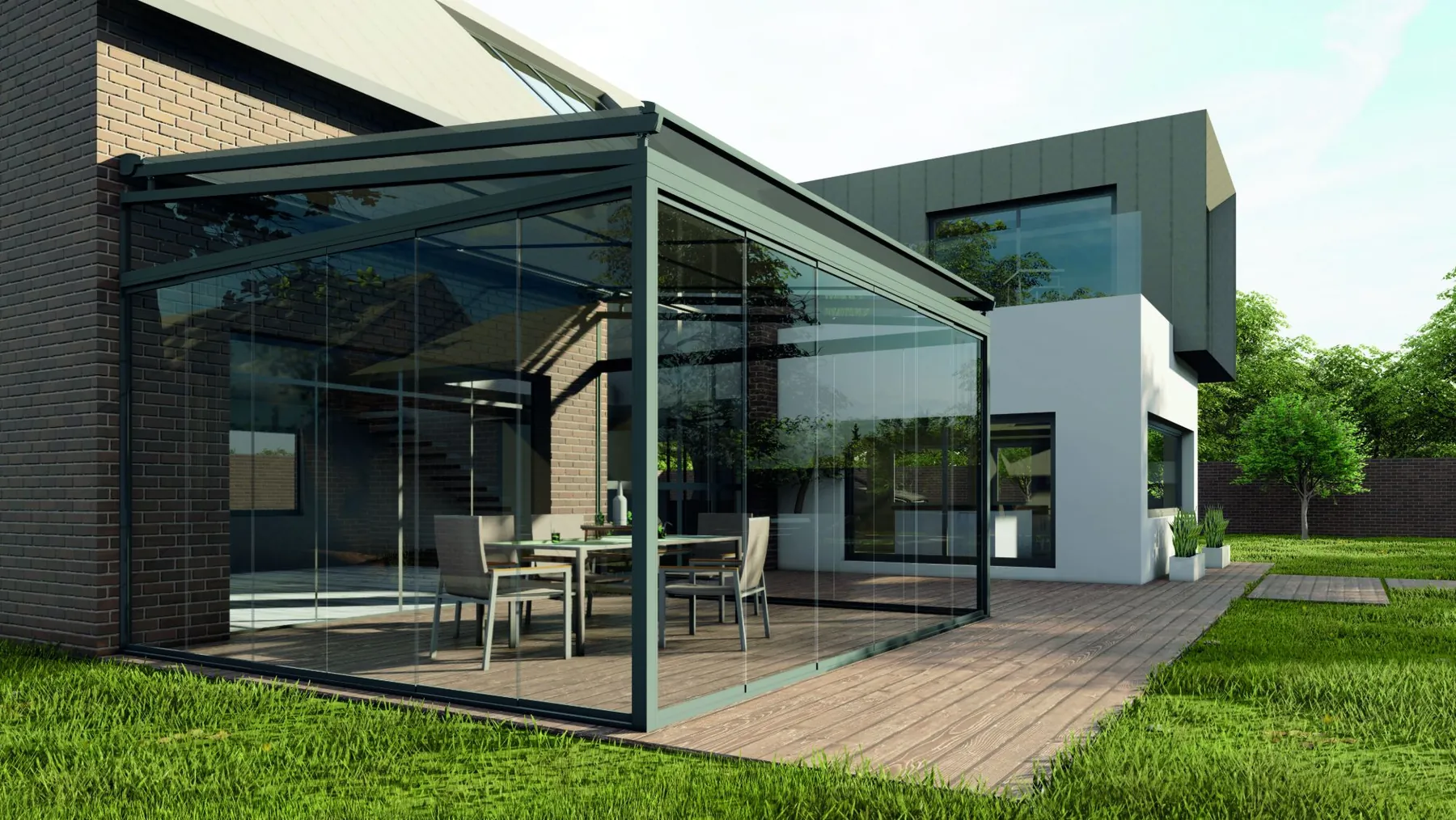 Toldo Verastor-Sky con cerramiento de vidrio en un jardín